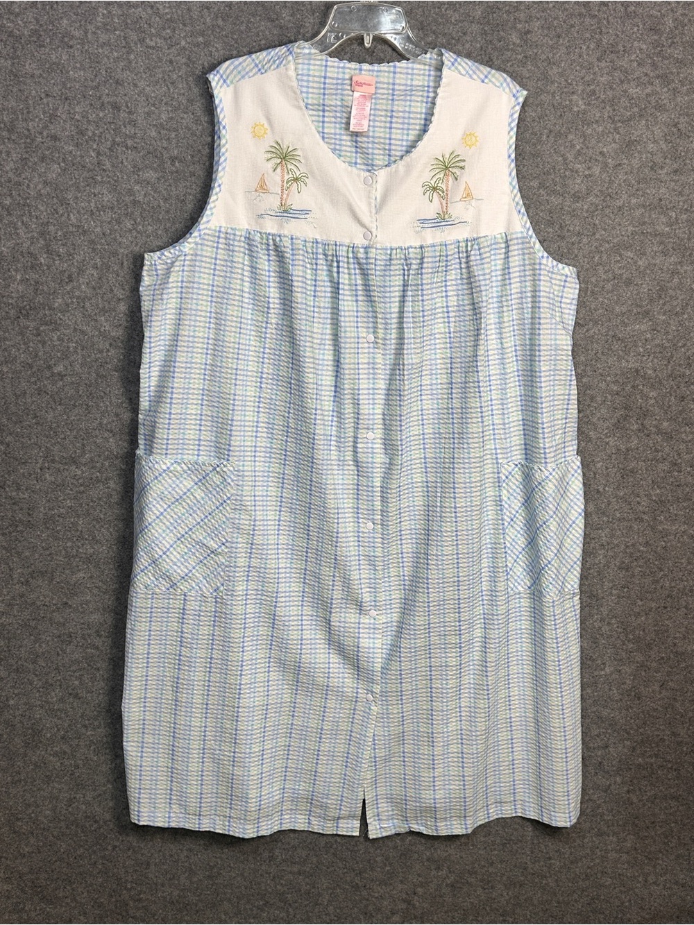 Secret Treasure Woman 3X Blue White Palm Embroidery VTG Snap House Dress/Robe